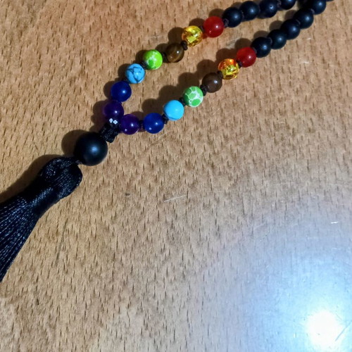 Mala from black agate for yoga, new with 7 chakras and silk tassel