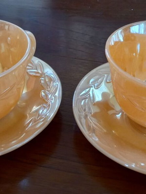 Fire King OVEN WARE Peach Lustre collectible tea cup set of 2 like new