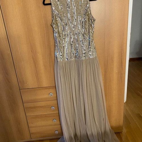Official long dress new, beige with gold and silver sequins