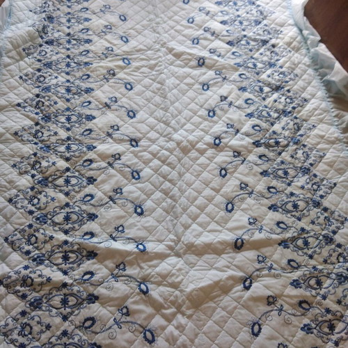 Quilted bedspread new, sky blue with flounces