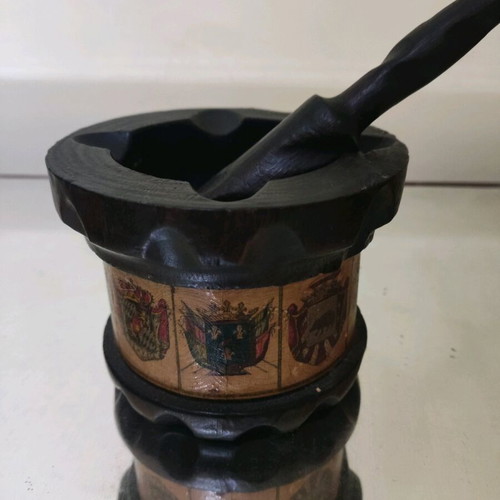 Wooden mortar used with pestle and 9 flags collectible