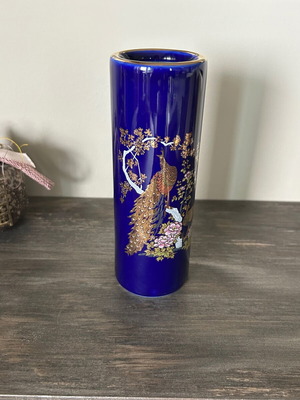 Vintage Japanese porcelain vase used with cobalt blue and gold peacock design