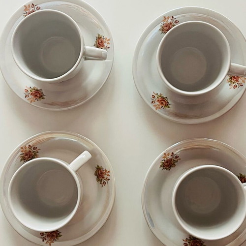 Korosten vintage coffee/tea set used, 4 persons, iridescent porcelain