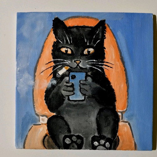 Canvas painting with cat motif new, acrylic 13×13 cm