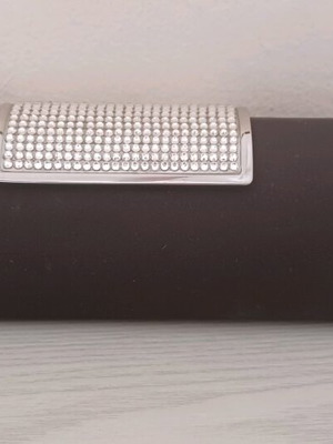 Satin clutch bag new, black with metal clasp and rhinestones