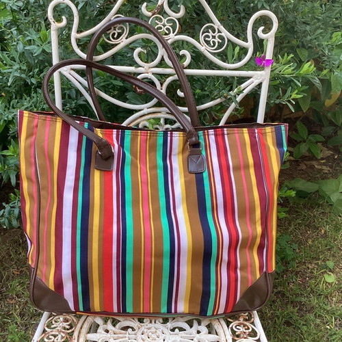 Striped multicolor shoulder bag like new with brown details