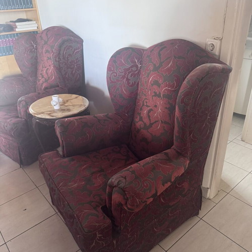 Bergere armchairs used, set of 2, classic burgundy fabric