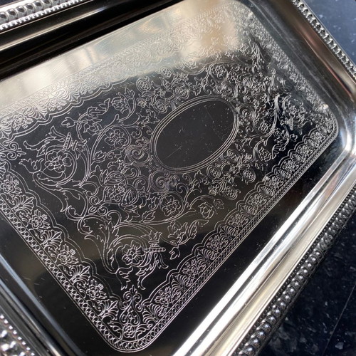 Silver antique tray used with engraved Twin Bird Japan motif