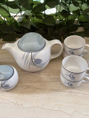 Vintage Poland Stoneware tea set new, teapot, 6 cups & 6 saucers