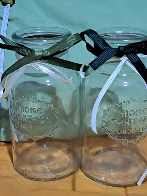 Set of 2 glass jars 15 cm with embossed Home Fantasy design and decorative ribbons like new