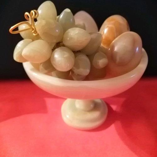 Alabaster fruit bowl set like new with decorative grapes and eggs