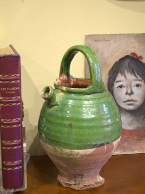 Αντικέ Γαλλική Αγροτική Κανάτα Νερού Μεταχειρισμένη, Πράσινο Γυαλισμένο Τερακότα 19ου Αιώνα