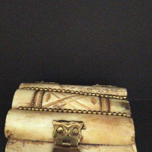 Vintage camel bone jewelry box with brass owl clasp