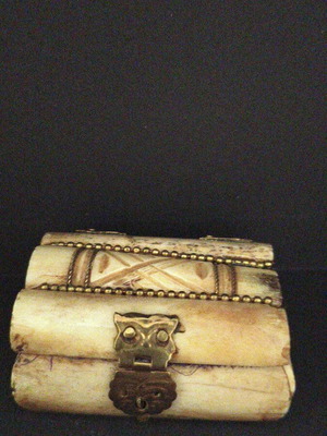 Vintage camel bone jewelry box with brass owl clasp