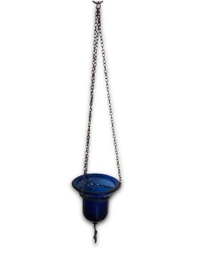 Hanging lamp with blue glass, cross and chain 10x10cm