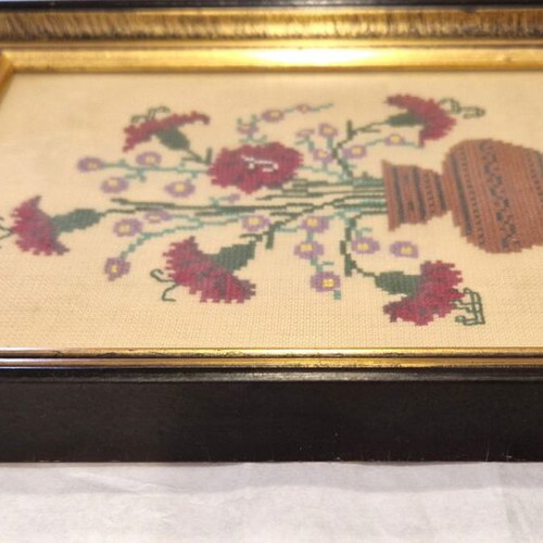 Vintage handmade embroidery with flowers in wooden frame 22x18 cm like new
