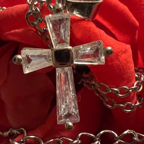 Cross with synthetic zircon small with chain new, steel