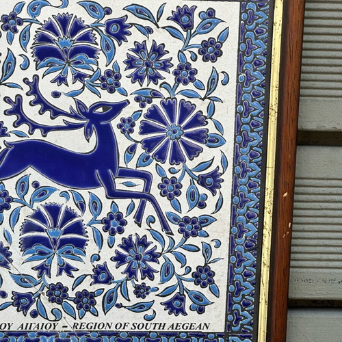 Handmade ceramic tile of Rhodes used with deer and frame