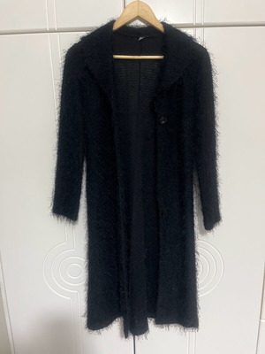 Black fuzzy cardigan like new, long with collar and button