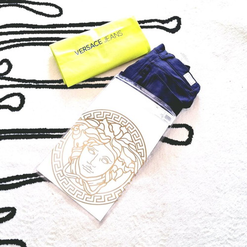 Versace fitted cotton leggings new, blue sz28-30 with nylon pouch