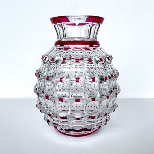 Val Saint Lambert Art Deco vase used, clear and ruby red crystal