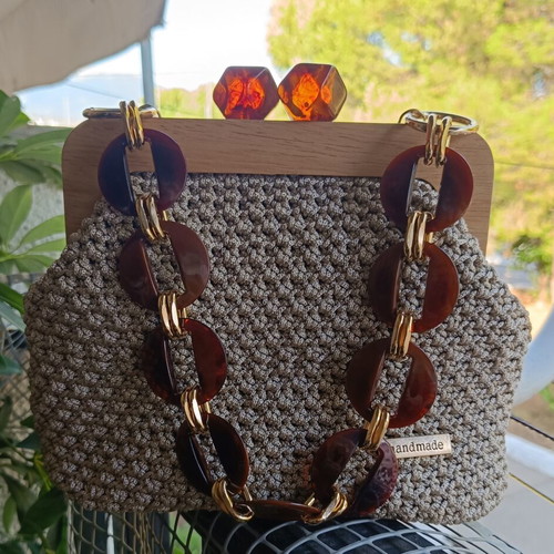 Handmade clutch bag beige with wooden frame and amber beads, new