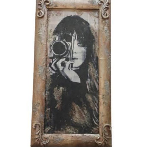 Photographer canvas painting with decoupage and silver matte finish