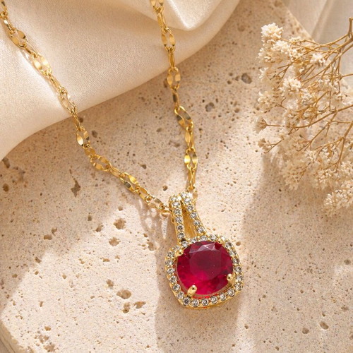 Women's gold necklace with red ruby stone and zircon new