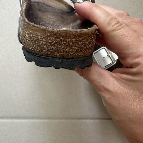 Birkenstock silver leather slippers, size 38