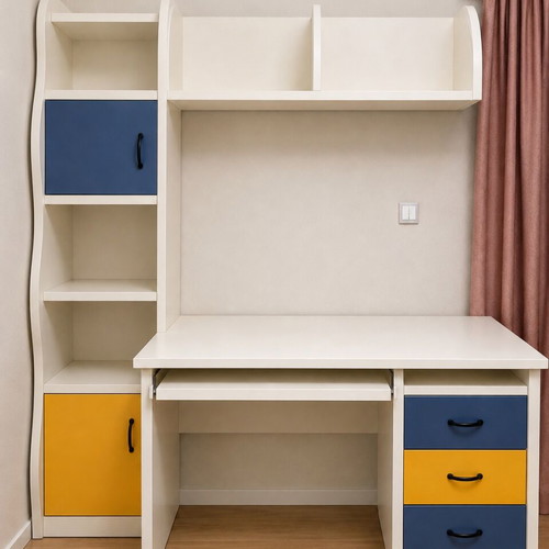Desk composition with integrated bookshelf, white with blue and yellow details