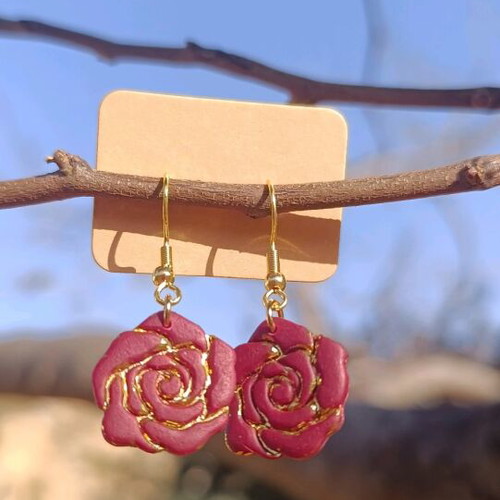 Rose earrings handmade new, bordeaux color