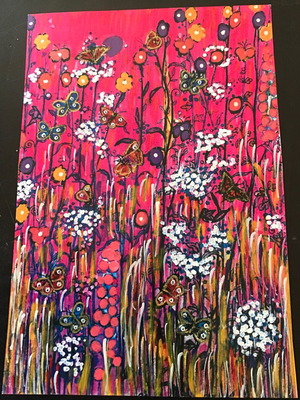Embossed Sweet William with Butterflies Art Card by Sally Rich new