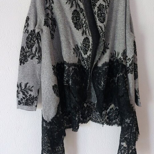 Gray viscose cardigan with black lace asymmetrical like new, one size
