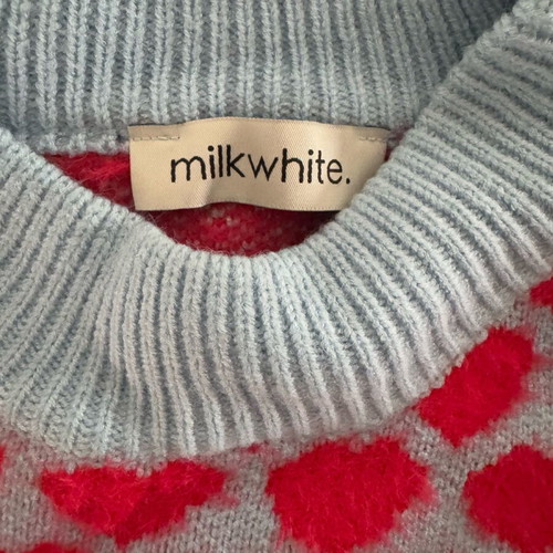Milk white sweater like new with hearts, blue and pink