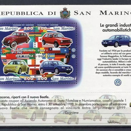 San Marino 1997 Thematic Stamp Sheet new, Volkswagen