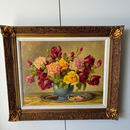 Oil painting on canvas used, colorful blooming roses