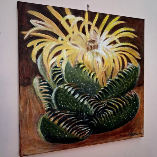 Handmade painting of blooming succulent on dark canvas, new