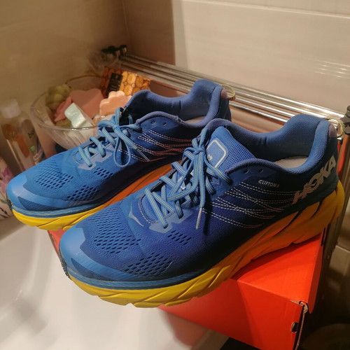 Hoka One One Clifton 6 athletic shoes used size 47 blue yellow