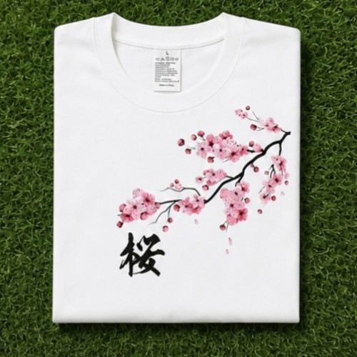 White T-shirt Japanese style Sakura design, size L