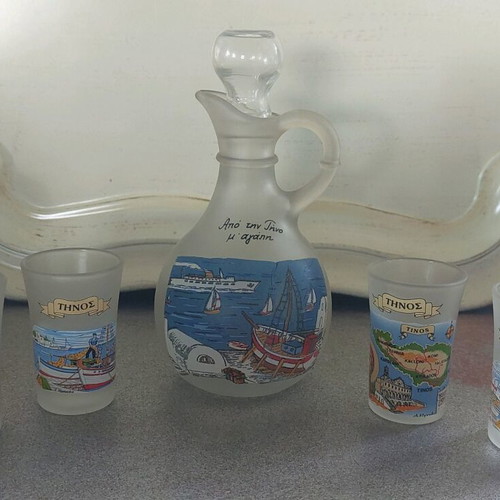 Glass tsipouro set souvenir from Tinos like new