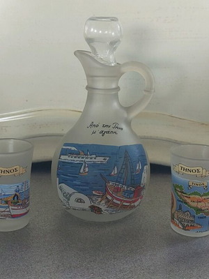 Glass tsipouro set souvenir from Tinos like new