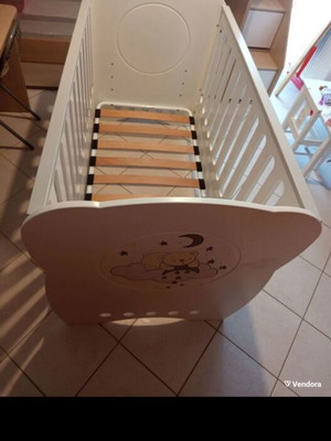 Large Baby Cot used with mattress, blanket, and sheets set