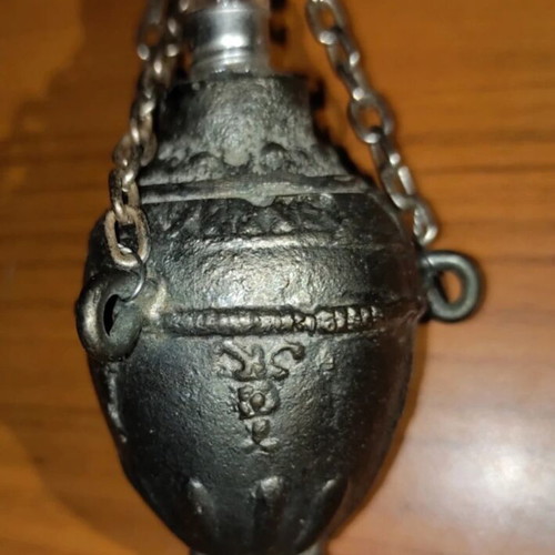 Vintage Hanging Oil Lamp used, brass with carved arm