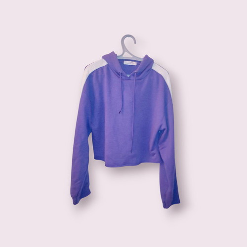 Purple cropped hoodie Bershka used with white stripe on sleeves size S