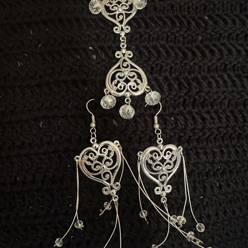 Handmade Boho Jewelry Set with Filigree Heart Necklace and Earrings