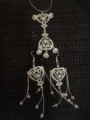 Handmade Boho Jewelry Set with Filigree Heart Necklace and Earrings