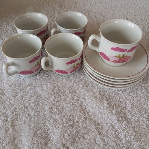 Greek coffee cups used, porcelain set of 5 with saucers