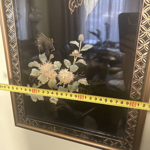 Vintage Chinese lacquer panel Birds & Flowers used decorative art