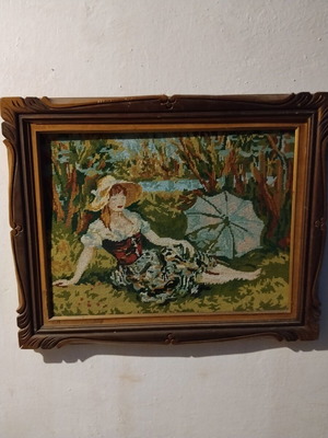 Embroidered vintage textile painting 74×59 used
