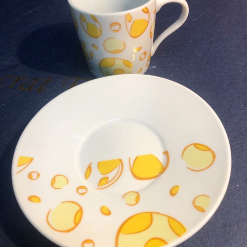 Porcelain cup set 12 pcs vintage 1980 with yellow designs unused